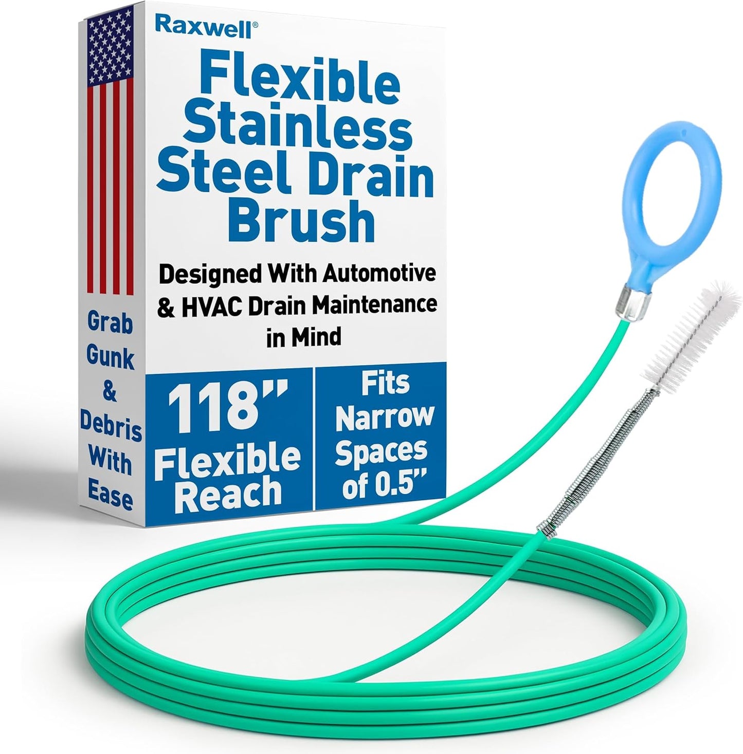 Raxwell Auto Sunroof Drain Cleaning Tool - 118 Inch Flexible Drain Brush with Coated Wire, Firm Bristle and Loop Handle - Water Snake for AC Lines, Dishwasher and Appliance Tubing