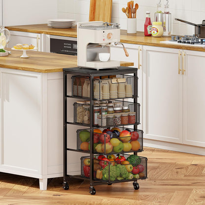 4 Tier Kitchen Rolling Cart, Kitchen Storage Cart with Wheels, Adjust Pantry Organizer and Storage Cart with Drawer, Fruit Vegetable Spice Storage Cart, Wooden Top Metal Kitchen Organizer Rack Stand