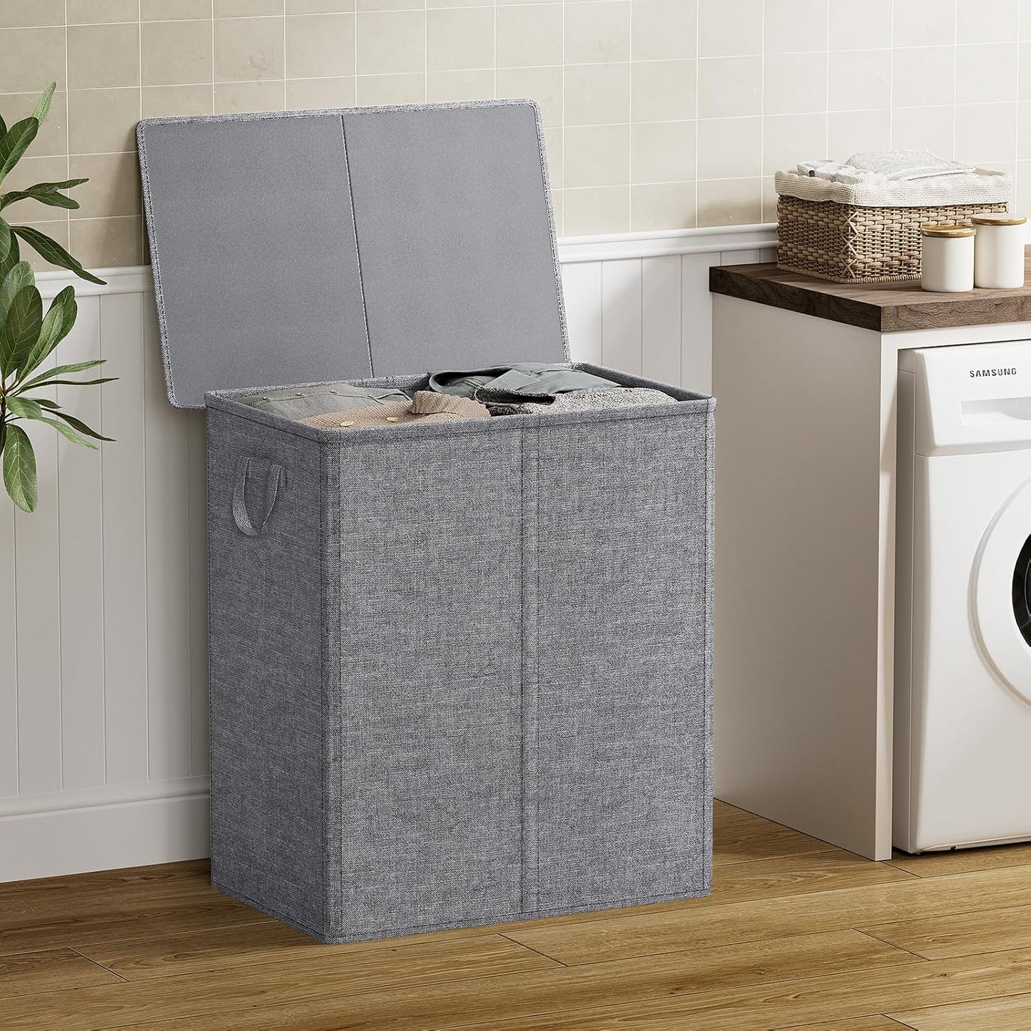 Chrislley 140L Laundry Hamper 2 Section, Double Laundry Basket with Lid, Large Dirty Clothes Hamper with Removable Liner Bags, Collapsible Laundry Organizer for Bedroom, Dorm,Beige