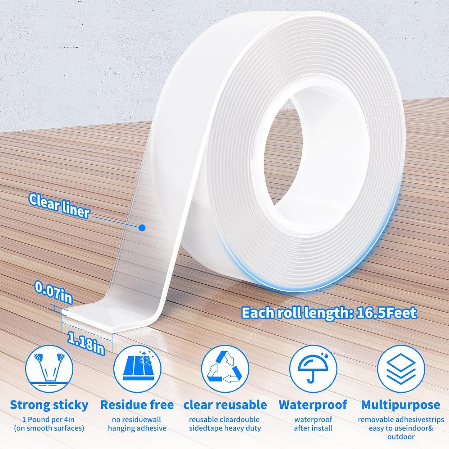 Double Sided Tape Heavy Duty, Nano Tape, Double Sided Mounting Tape, Clear Adhesive Tape for Hanging Picture, Poster, Carpet, Photo Deco, 2 Rolls, 16.5 Feet Per Roll