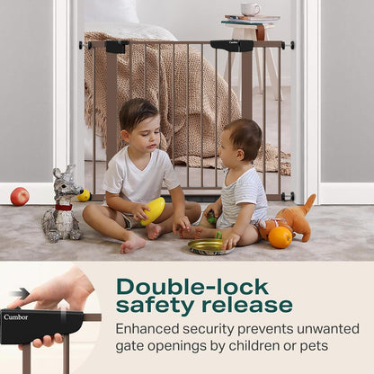 Cumbor 29.7-48" Baby Gate for Stairs, Mom's Choice Awards Winner-Dog Gate for Doorways, Auto Close Safety Pet Gate for Dogs Indoor, Easy Install Pressure Mounted Child Gate with Walk Thru Door, Brown