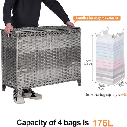 Laundry Hamper with 3 Removable Liner Bags; 132L Handwoven Rattan Laundry Basket with Lid & Heightened Feet; Clothes Hamper with Side Handles; Laundry Sorter with 3 Separate Sections