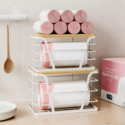TIDIIABODE 2 Pack Stackable Storage Laundry Kitchen Organizers, Wall Mount Trash Bag Holder with Bamboo Top and Garbage Bag Dispenser No Drill