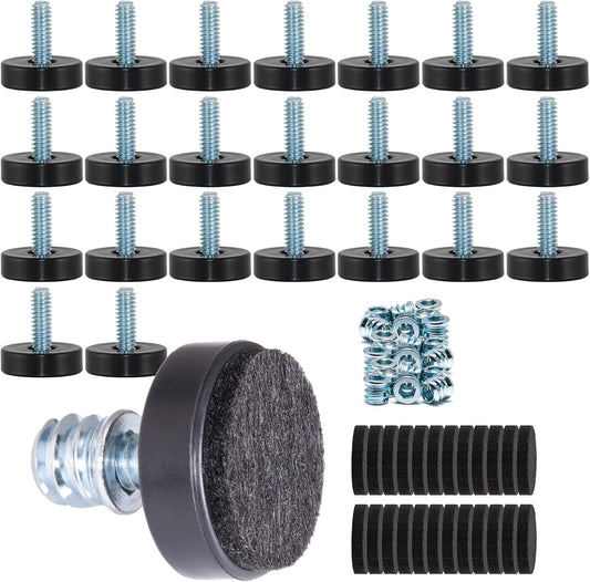 24 Pack M6 Thread Adjustable Furniture Levelers with Self-Adhesive Felt Pads – 1" Leveling Feet & Floor Protectors for Chairs, Tables on Hardwood Floors