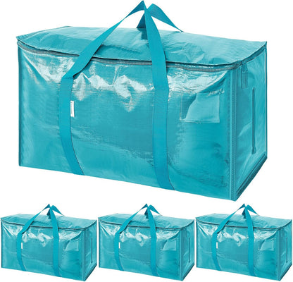 TICONN 4 Pack Extra Large Moving Bags Heavy Duty with Zippers & Carrying Handles, Durable Storage Bags Moving Boxes for Closet Organizers and Storage (4 Pack, Blue)