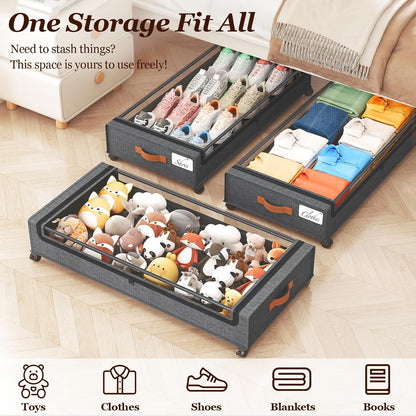 Yecaye Under Bed Storage with Wheels, 2 Pack Under Bed Storage Containers, 60L Underbed Shoe Storage with Clear Window & Label, Rolling Under Bed Metal Drawer for Clothes, Shoes, Books, Blankets