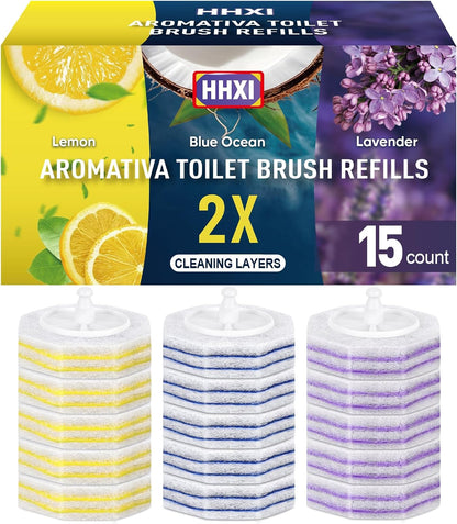15Ct Aromative Toilet Brush Refills, Toilet Bowl Cleaner Refills, Double-Layer Cleaning Pads Added, Disposable Refill Heads for Toilet Bowl Cleaner Wands，Lemon, Blue Ocean, Lavender （Patented）