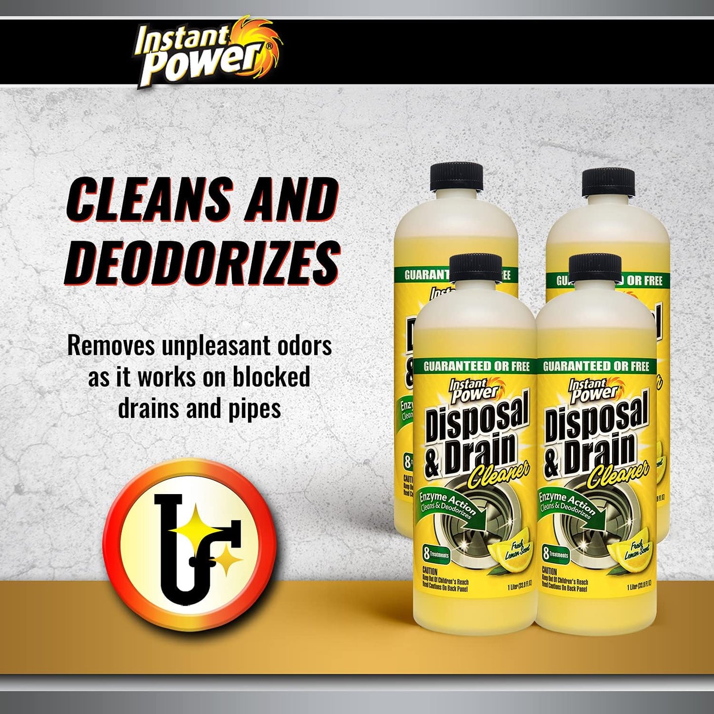 Instant Power Disposal and Drain Cleaner – Liquid Enzyme Clog Remover, Cleans and Deodorizes, Removes Drain Blockages, Fresh Lemon Scent, 33.8 Fl oz, 1 Liter