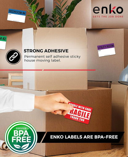 enKo - 2 x 3 Inch Extra Large Home Moving Packing Labels Stickers for Box - Color Coded for Boxes, Packing Box Fragile Stickers (800 Labels, 4 Bedroom House)