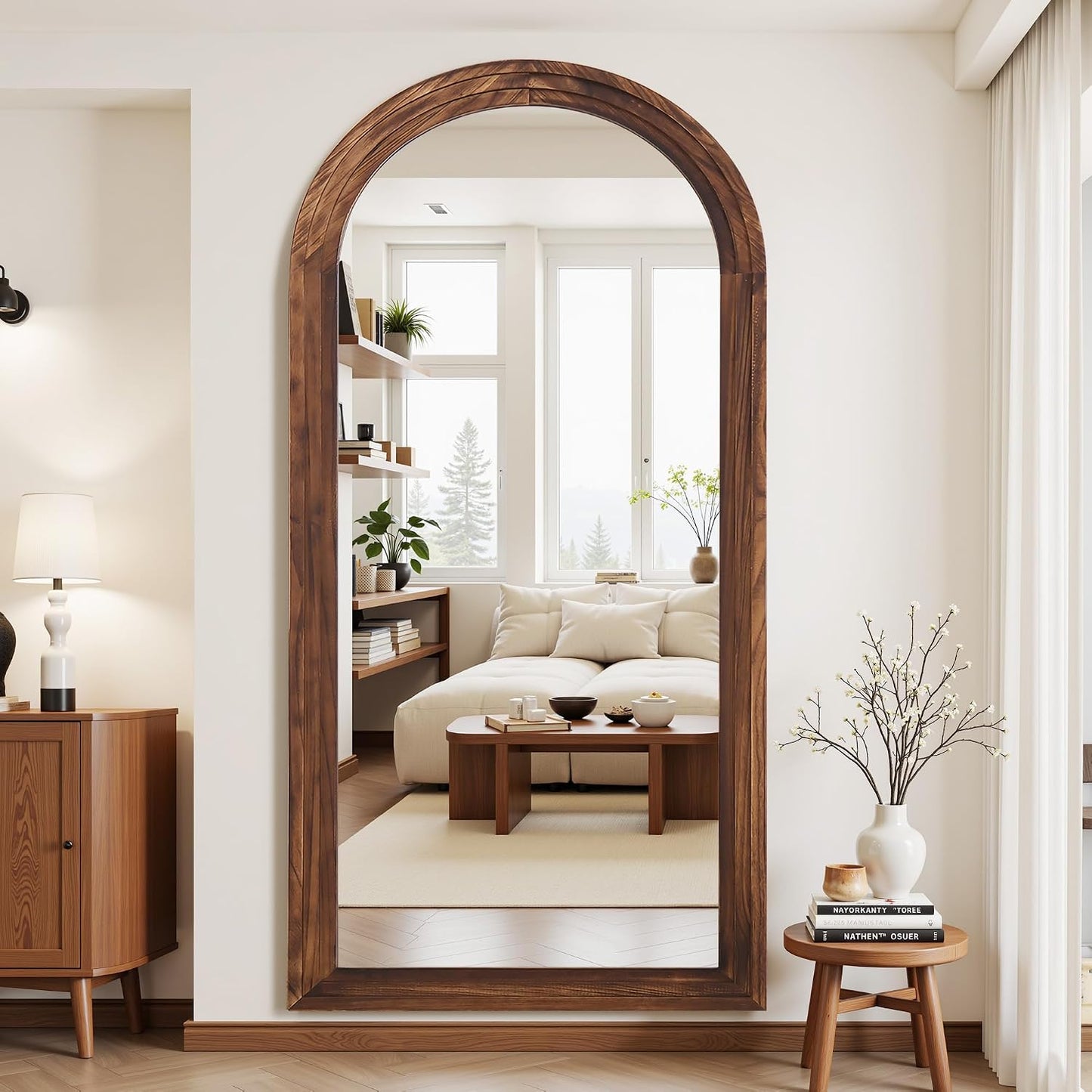Antok Full Length Mirror with Solid Wood Frame, 71"×32" Wall Mounted Oversized Floor Mirror with Stand, Leaning Standing Hanging for Bedroom Living Room Entryway, Walnut, Arched Syle