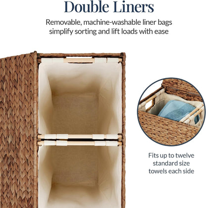 Best Choice Products Large Double Laundry Hamper with Lid, Natural Handwoven Water Hyacinth, 2 Sections w/ 2 Machine Washable Linen Liner Bags, Portable, Handles - Natural