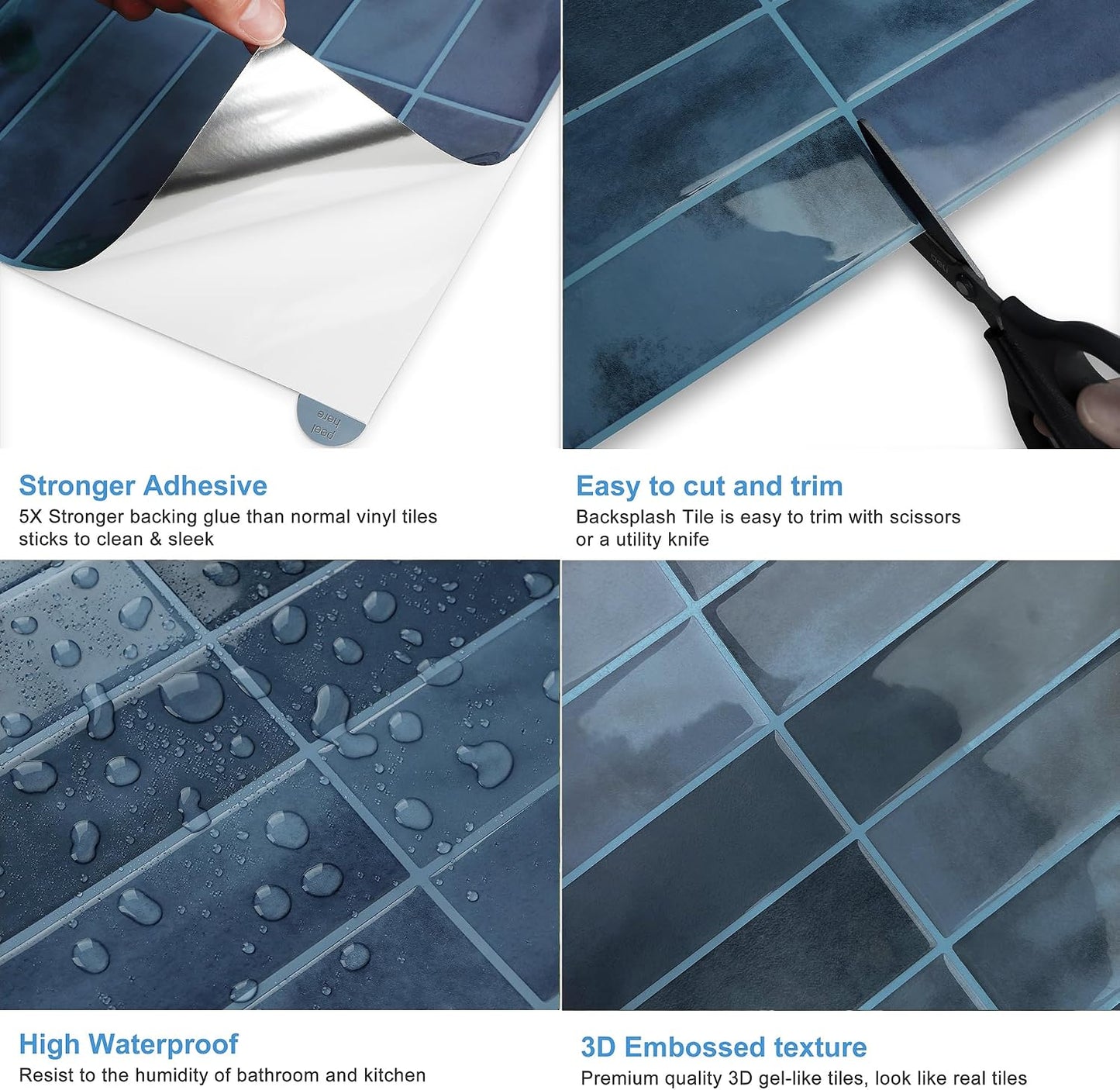 White Peel and Stick Backsplash Tiles for Kitchen, 10-Pack Self-Adhesive Waterproof Vinyl Bathroom Wall Tile(12 * 12 inches)
