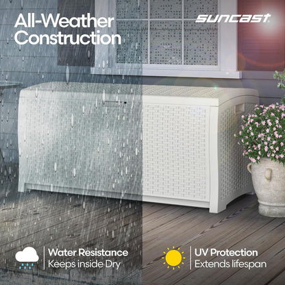 Suncast DBW9200 99 Gallon Outdoor Wicker resin Patio Storage Chest Bin with Handles for Patio, Garden, Garage, or Pool for All Weather, Mocha