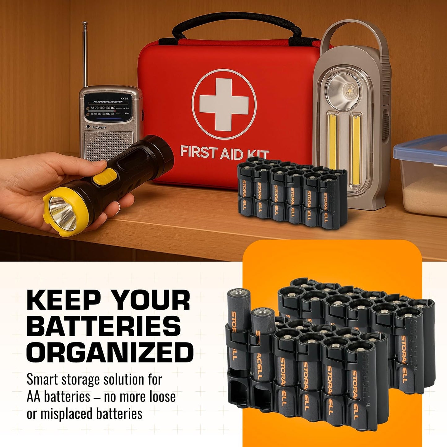 AA Battery Storage Caddy by Storacell, Orange, Holds 12 Batteries (Not included)