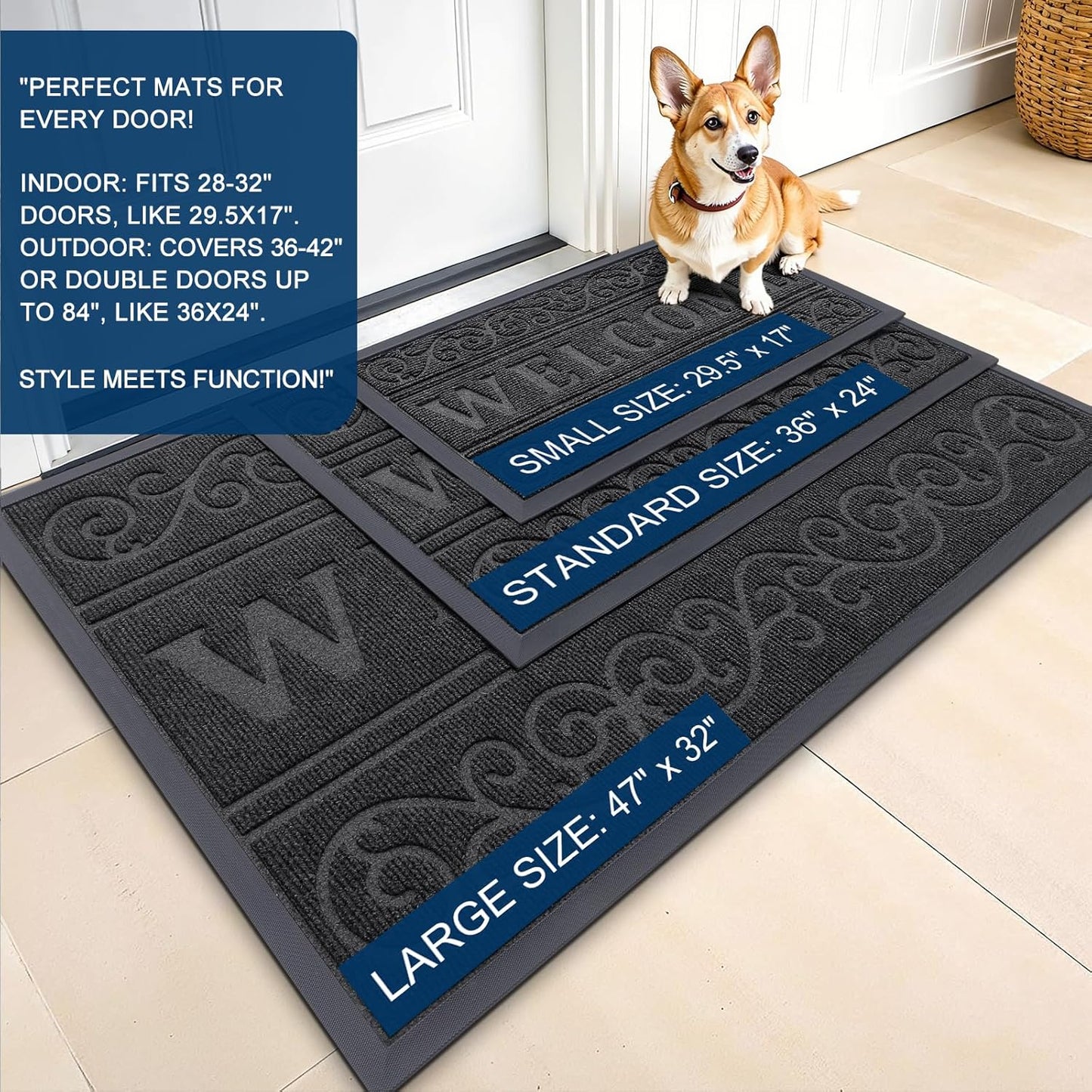 OLANLY Front Door Mat Outside Entrance 29.5x17, Absorbent, Heavy Duty Sturdy Natural Rubber Doormat Indoor Outdoor, Stain and Fade Resistant, Non-Slip Backing Low Profile Floor Mat for Entryway, Grey