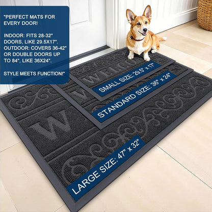 OLANLY Front Door Mat Outside Entrance 29.5x17, Absorbent, Heavy Duty Sturdy Natural Rubber Doormat Indoor Outdoor, Stain and Fade Resistant, Non-Slip Backing Low Profile Floor Mat for Entryway, Grey