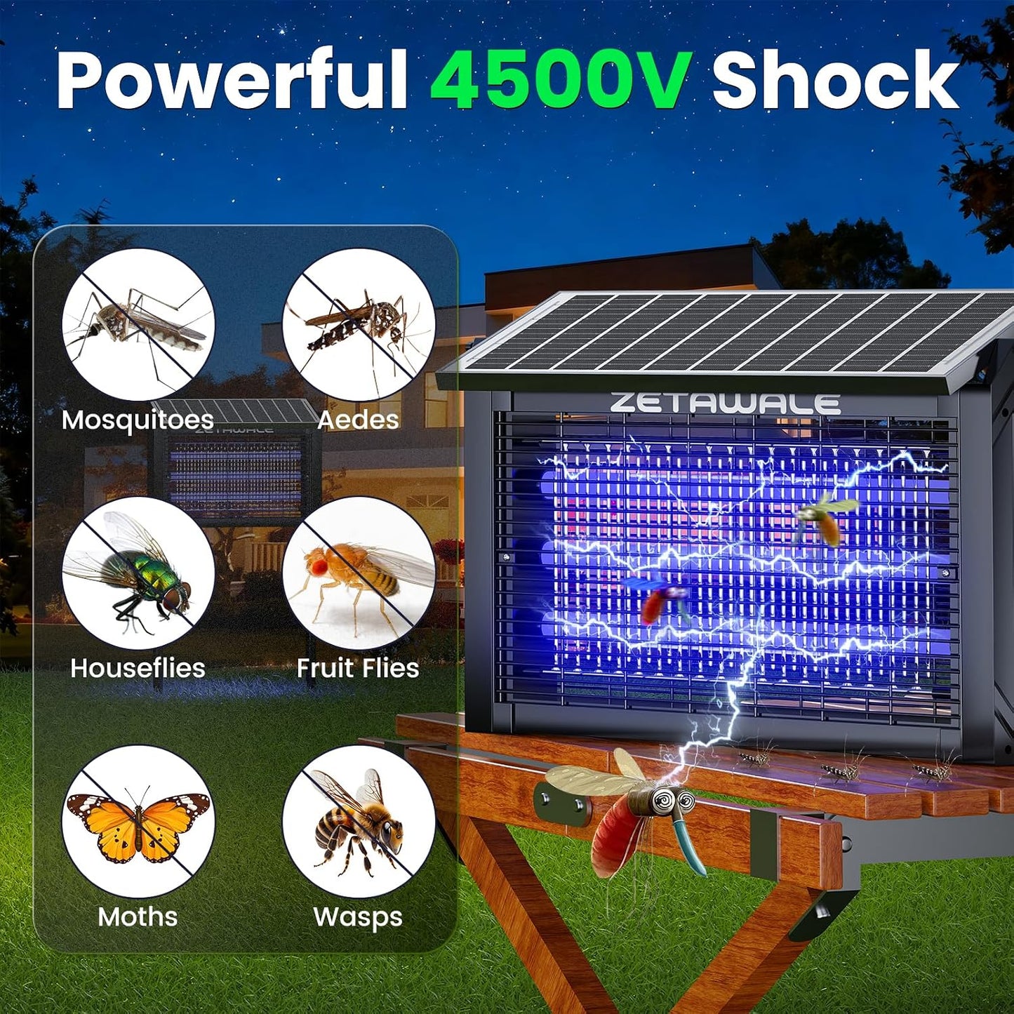Solar Powered Bug Zapper Outdoor, 4500V Mosquito Trap with 10W Solar Panel, Fly Trap & Mosquito Killer, 10FT Extension Cord, IPX5 Waterproof, 2100 Sq.Ft Coverage for Patio, Backyard, Garden