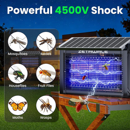 Solar Powered Bug Zapper Outdoor, 4500V Mosquito Trap with 10W Solar Panel, Fly Trap & Mosquito Killer, 10FT Extension Cord, IPX5 Waterproof, 2100 Sq.Ft Coverage for Patio, Backyard, Garden