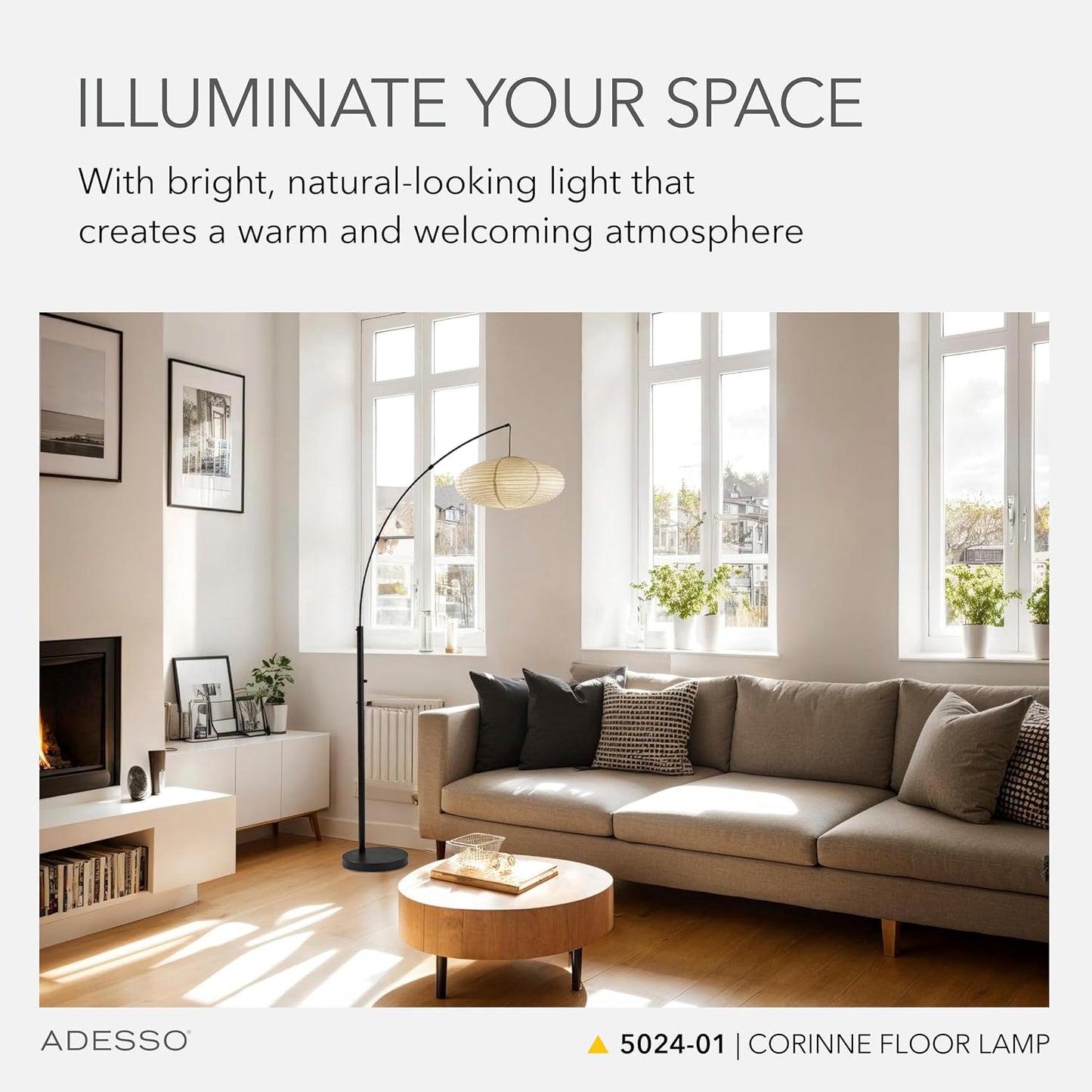 Adesso Arc Floor Lamp, 80” Tall Black Base, Oval Off-White Paper Shade – Convenient Overhead Lighting for Living Room, Nursery, Bedroom or Office