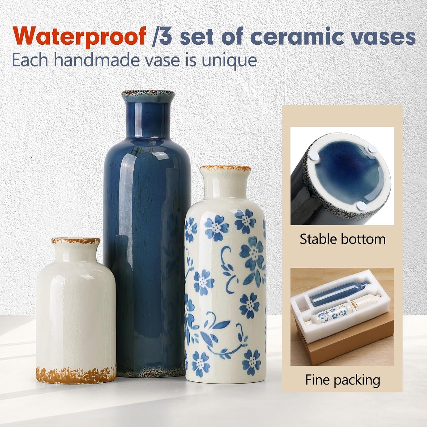 CUCUMI Ceramic Vase Set of 5, Home Decor Farmhouse Décor Handmade Pottery Vases for Pampas Grass, Dried Fresh Flowers, Table, Living Room, Kitchen, Shelf, Entryway Mantel Neutral Tones
