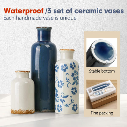 CUCUMI Ceramic Vase Set of 5, Home Decor Farmhouse Décor Handmade Pottery Vases for Pampas Grass, Dried Fresh Flowers, Table, Living Room, Kitchen, Shelf, Entryway Mantel Neutral Tones