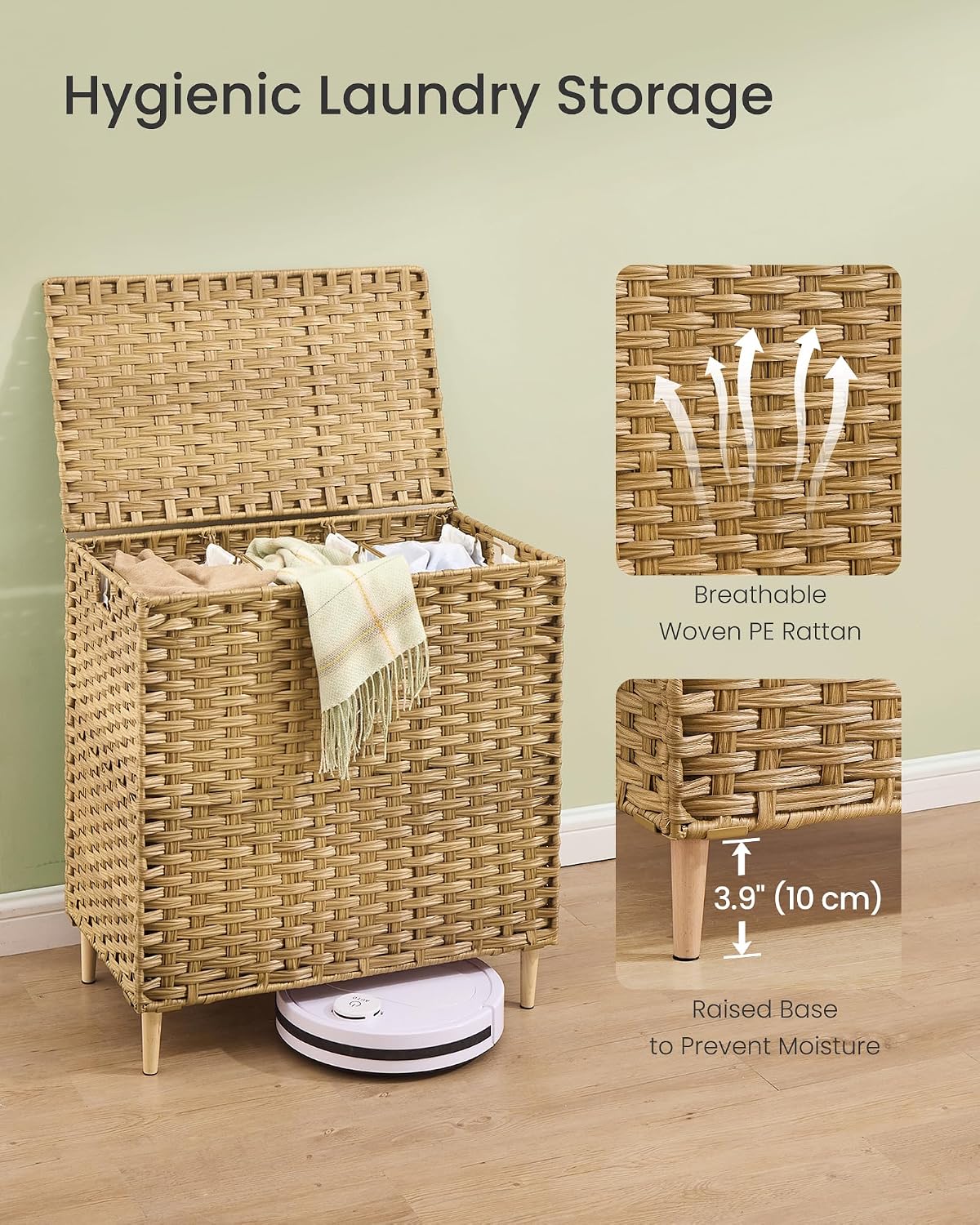 SONGMICS 3-Section Laundry Hamper with Lid, 42.2 Gal (160L) PE Rattan Laundry Basket with Removable Washable Liners, for Bedroom & Living Room, Chestnut Brown ULCB223ME01