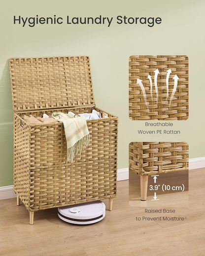 SONGMICS 3-Section Laundry Hamper with Lid, 42.2 Gal (160L) PE Rattan Laundry Basket with Removable Washable Liners, for Bedroom & Living Room, Chestnut Brown ULCB223ME01