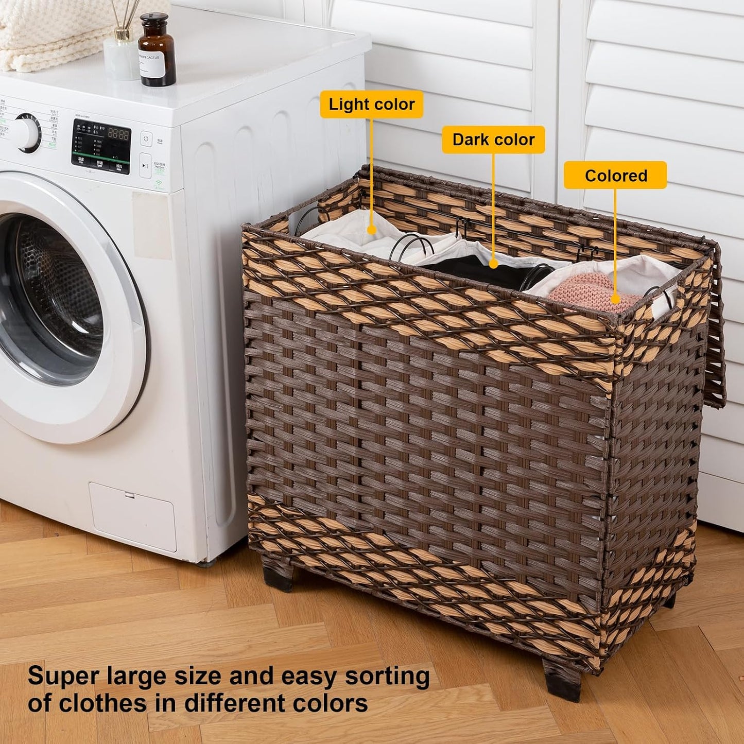 OIAHOMY Laundry Hamper with Lid, 140L Clothes Hamper with 3 Removable Liner Bags, Foldable Basket with Lid, Synthetic Wicker Laundry Basket for Bedroom, 27x 13 x 26 Inches, Yellow