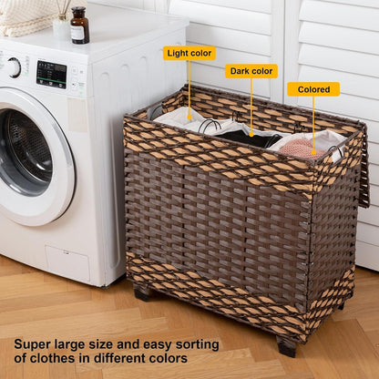 OIAHOMY Laundry Hamper with Lid, 140L Clothes Hamper with 3 Removable Liner Bags, Foldable Basket with Lid, Synthetic Wicker Laundry Basket for Bedroom, 27x 13 x 26 Inches, Yellow