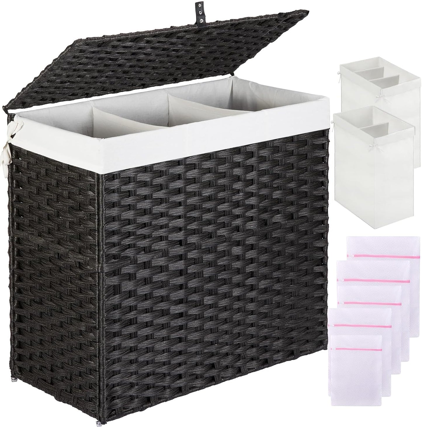 Greenstell Laundry Hamper with Lid, 125L Wicker Laundry Baskets with 2 Removable Liner Bags & 5 Mesh Laundry Bags, Handwoven Rattan Clothes Hamper with Handles for Clothes in Bathroom, Bedroom