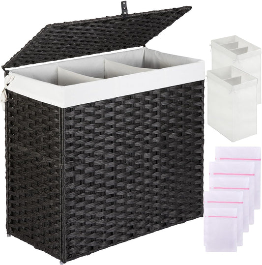 Greenstell Laundry Hamper with Lid, 125L Wicker Laundry Baskets with 2 Removable Liner Bags & 5 Mesh Laundry Bags, Handwoven Rattan Clothes Hamper with Handles for Clothes in Bathroom, Bedroom