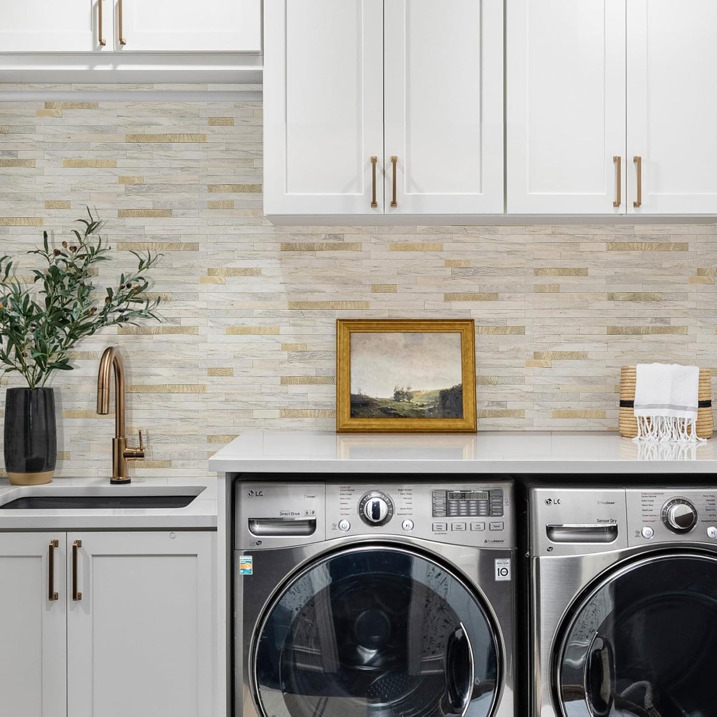STICKGOO 20 Sheets Peel and Stick Backsplash Tile, Stick on Backsplash for Kitchen and Bathroom, White Sandstone Look PVC Mixed Metal Gold Self Adhesive Wall Tiles