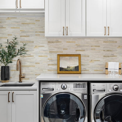 STICKGOO 20 Sheets Peel and Stick Backsplash Tile, Stick on Backsplash for Kitchen and Bathroom, White Sandstone Look PVC Mixed Metal Gold Self Adhesive Wall Tiles