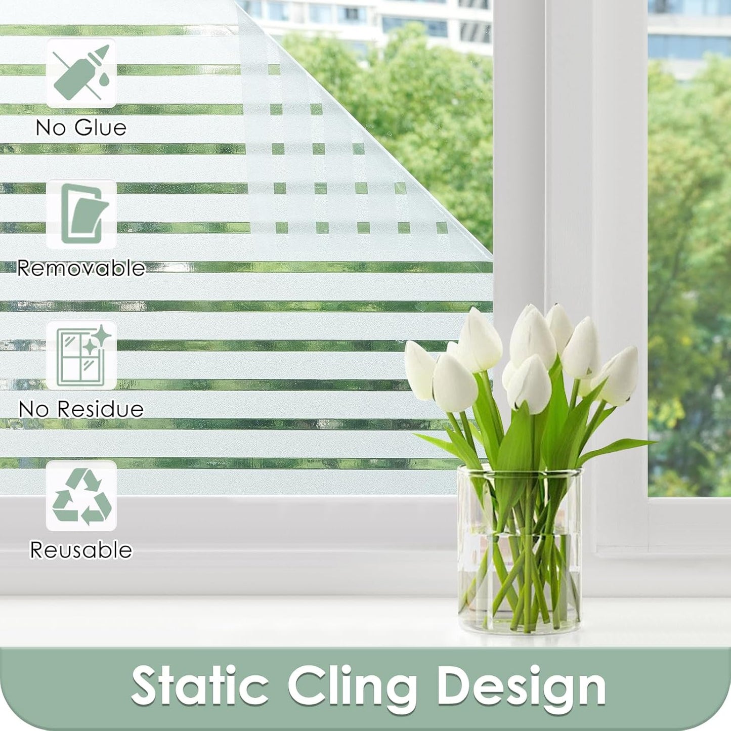 rabbitgoo Window Privacy Film, Frosted Glass Privacy Film, Window Frosting Cling for Glass, Non Adhesive Static Cling Front Door Covring, Anti-UV Reeded Blinds Sticker, Striped Pattern, 17.5" x 78.7"