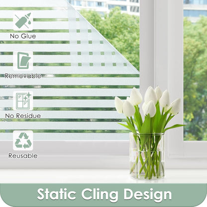 rabbitgoo Window Privacy Film, Frosted Glass Privacy Film, Window Frosting Cling for Glass, Non Adhesive Static Cling Front Door Covring, Anti-UV Reeded Blinds Sticker, Striped Pattern, 17.5" x 78.7"