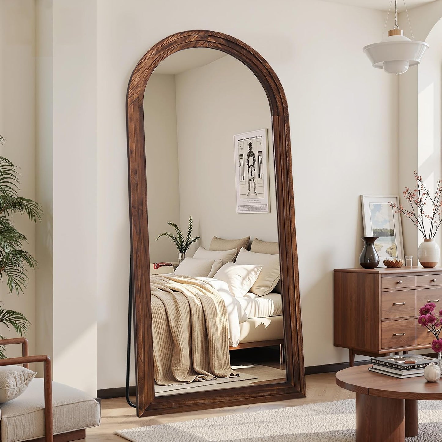 Antok Full Length Mirror with Solid Wood Frame, 71"×32" Wall Mounted Oversized Floor Mirror with Stand, Leaning Standing Hanging for Bedroom Living Room Entryway, Walnut, Arched Syle
