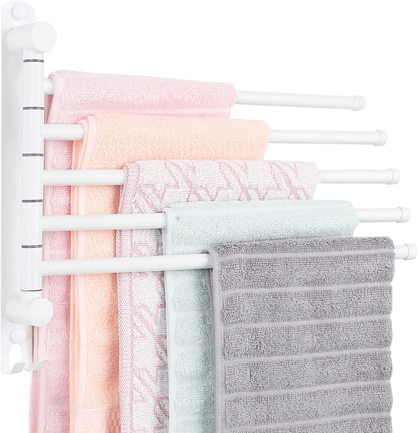 5-Arm Swivel Towel Rack - 180° Rotating Wall Mounted, 304 Stainless Steel Rustproof, Heavy Duty Bathroom Accessories, Space Saving Towel Organizer for Bathroom Kitchen Laundry - Pearl White