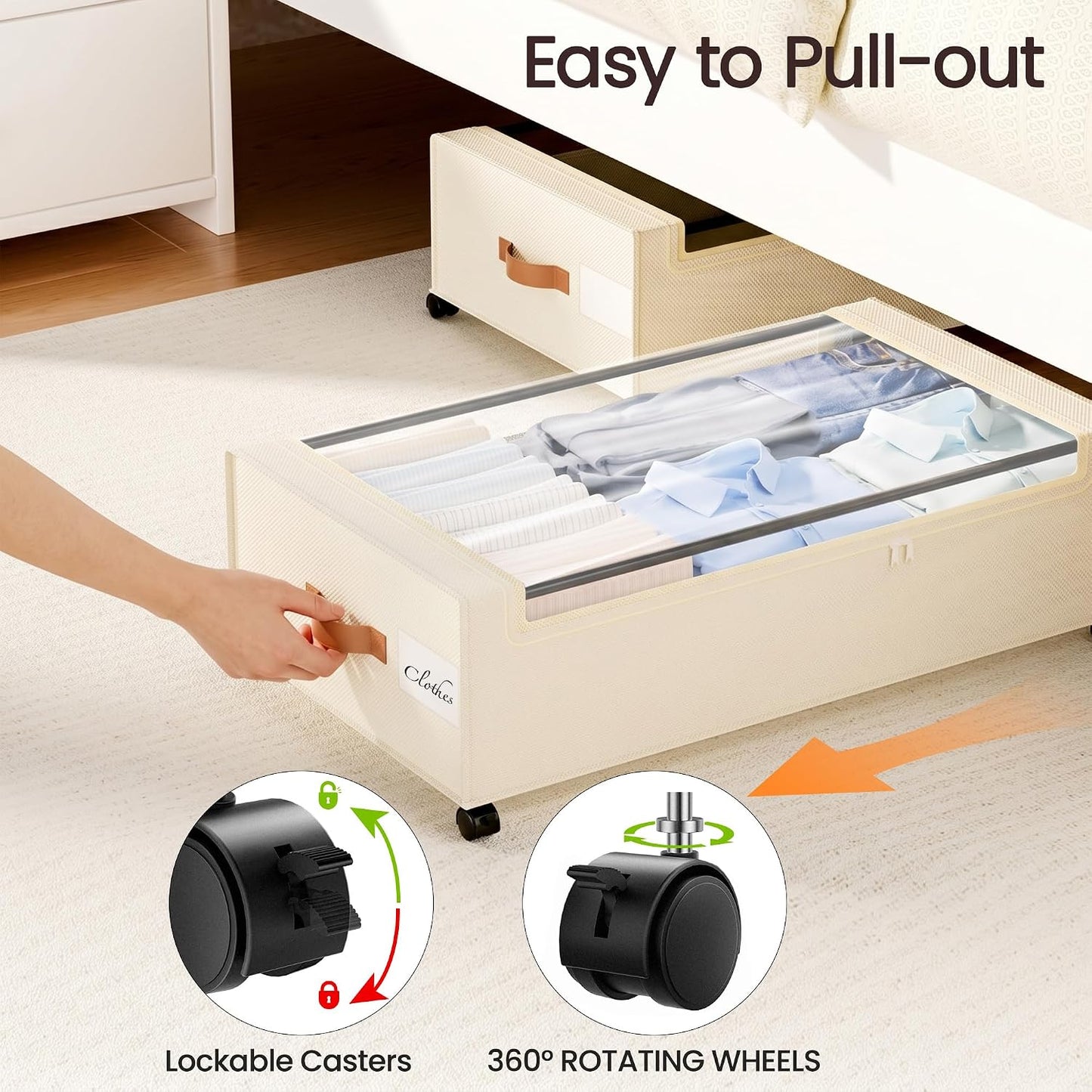 Yecaye Under Bed Storage with Wheels, 2 Pack Under Bed Storage Containers, 60L Underbed Shoe Storage with Clear Window & Label, Rolling Under Bed Metal Drawer for Clothes, Shoes, Books, Blankets