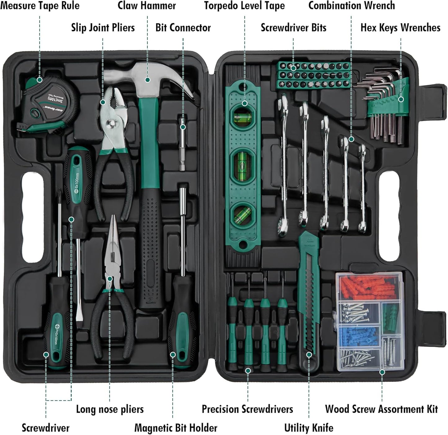CARTMAN 152-Piece Household Tool Set, Blue Hand Kit With Storage Case Box | Complete tool assortment for home repairs, office fixes, dorm needs, furniture setup, crafting, and everyday household fixes.