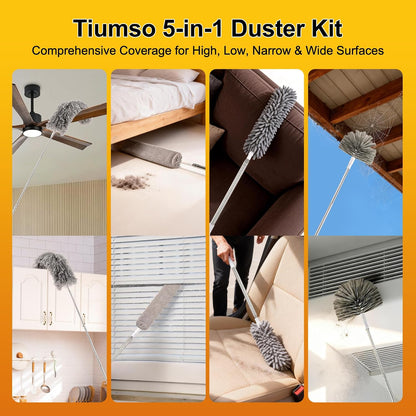 Tiumso Dusters for Cleaning,Microfiber Feather Duster 5-in-1 Kit, Duster with Extension Pole 100 Inches, Cobweb Duster, Microfiber Dusters for High Ceilings and Fans, Blinds and Cars