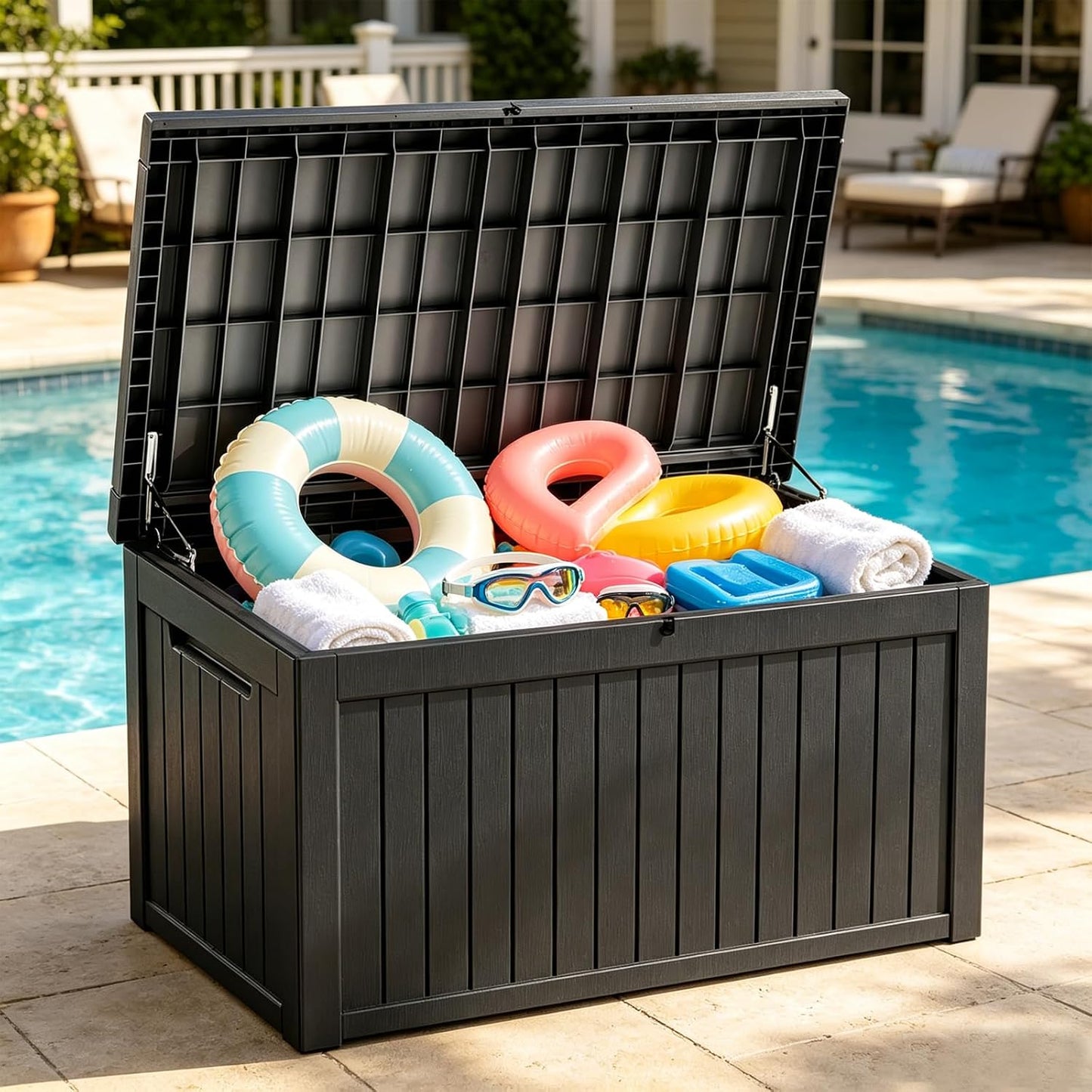 MAKINO 152 Gallon Resin Outdoor Storage Box, Waterproof Deck Box with Lockable Lid, Outside Storage Box for Patio Furniture, Pool Accessories, Garden Tools, Storage Bench for Backyard, Porch, Black
