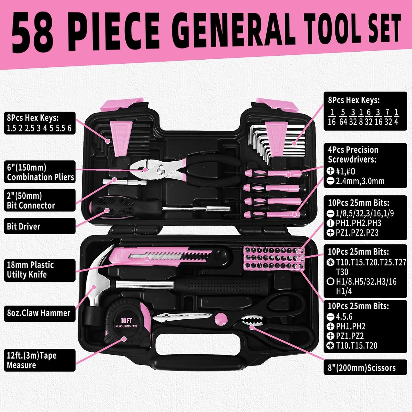 144-Piece General Household Hand Tool Kit with Plastic Toolbox Pink | Basic General Hand Tool Kit, Household Tool Set, for Home Repair, Office & College Dormitory Use, Daily Use for Women