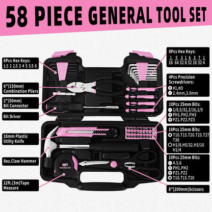 144-Piece General Household Hand Tool Kit with Plastic Toolbox Pink | Basic General Hand Tool Kit, Household Tool Set, for Home Repair, Office & College Dormitory Use, Daily Use for Women