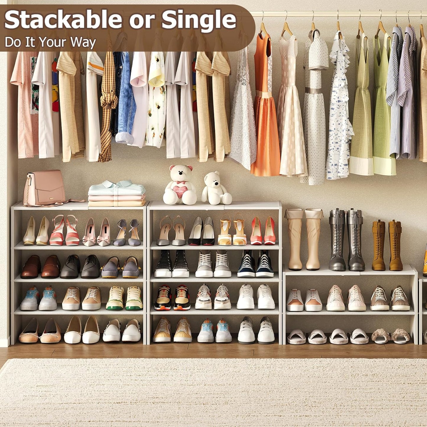 X-cosrack 2 Pack 2-Tier Shoe Rack Organizer for Closet, Expandable and Adjustable White Shoe Rack, Stackable Iron Wood Combination Shoe Storage Shelves for Closets, Entryway, Small Space, Garage