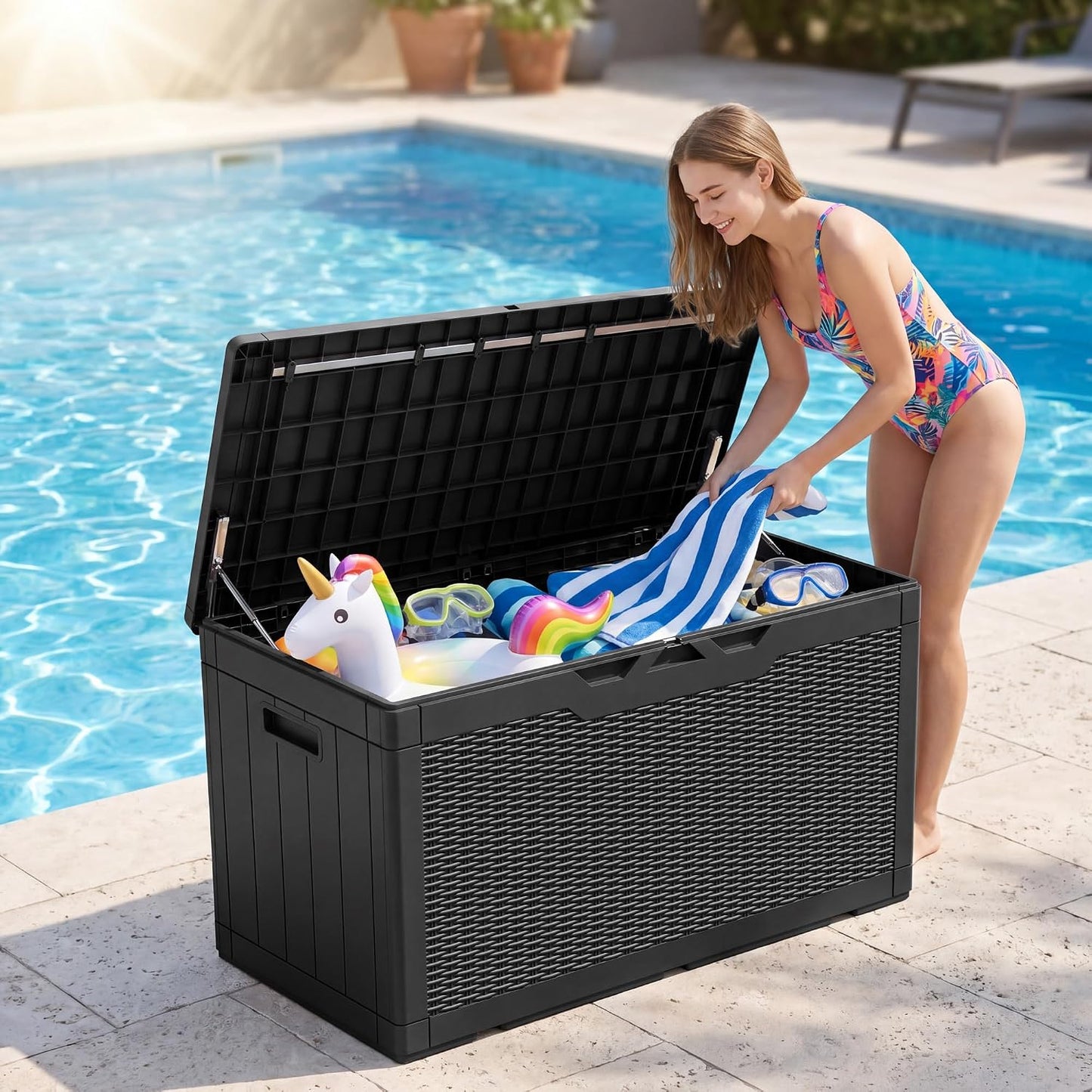 JUMMICO 31 Gallon Resin Deck Box Waterproof Indoor Outdoor Storage Boxes for Patio Furniture Cushions and Garden Tools (Brown)