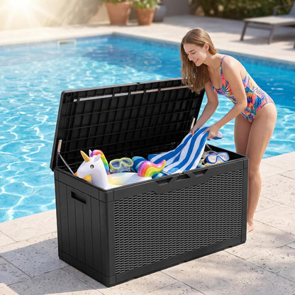 JUMMICO 31 Gallon Resin Deck Box Waterproof Indoor Outdoor Storage Boxes for Patio Furniture Cushions and Garden Tools (Brown)