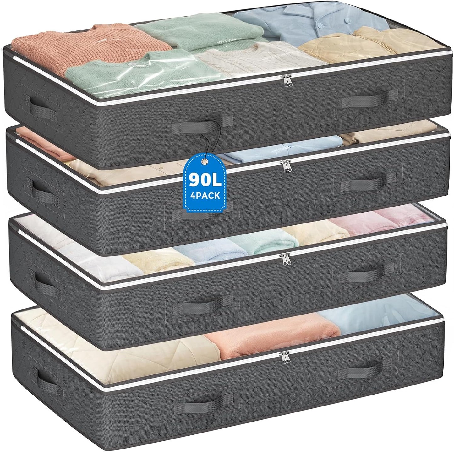 Budding Joy 90L Under Bed Storage Containers, 4 Pack Closet Organizers Grey | Foldable underbed storage bins for linen sheets, blanket, clothing, comforter, sweaters, pillows, wrapping paper
