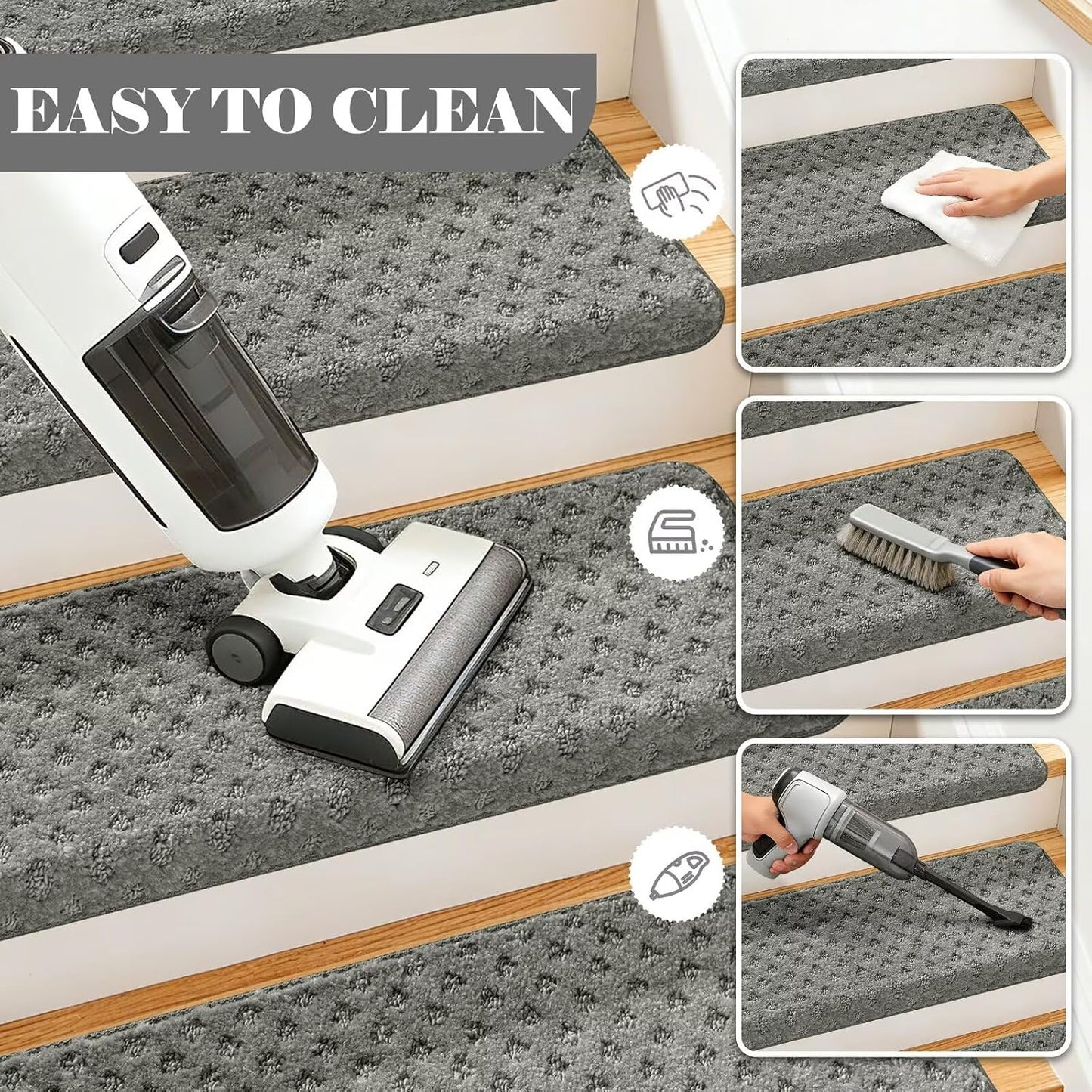 DEXDE Bullnose Stair Treads for Wooden Steps Non-Slip Stair Runner, 14 Pcs | Reusable bullnose carpet Stair Treads Indoor, Peel and Stick Stair Rugs with Edge Protection, Soft Washable, 30"x9.5" Grey