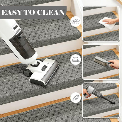DEXDE Bullnose Stair Treads for Wooden Steps Non-Slip Stair Runner, 14 Pcs | Reusable bullnose carpet Stair Treads Indoor, Peel and Stick Stair Rugs with Edge Protection, Soft Washable, 30"x9.5" Grey
