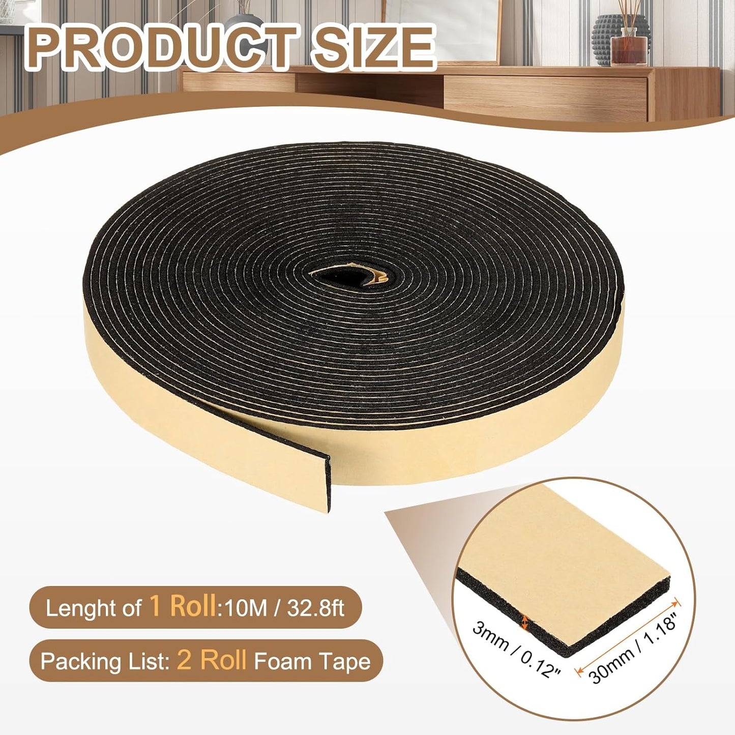 PATIKIL Foam Insulation Tape, 1-1/2" W x 1/8" t x 32.8FT Self Adhesive Weather Stripping Door Seal Strip for Door Window Air Conditioning, Black - Colors A